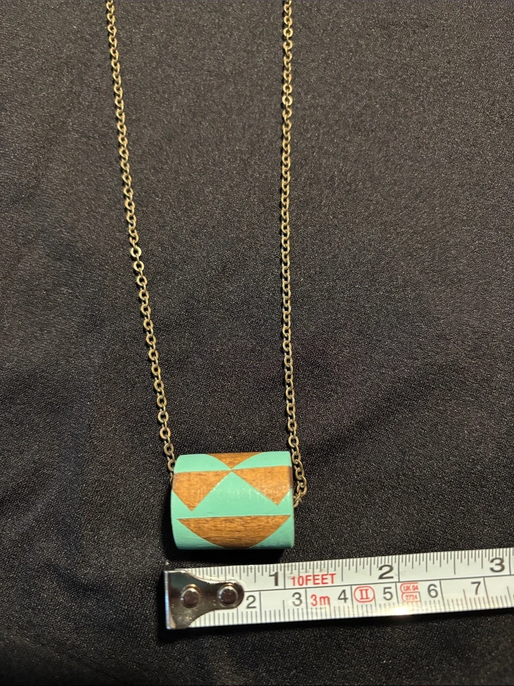 Handmade/Hand Painted Wooden “Bead” Necklace with Turquoise Geometric Design - Picture 3 of 8